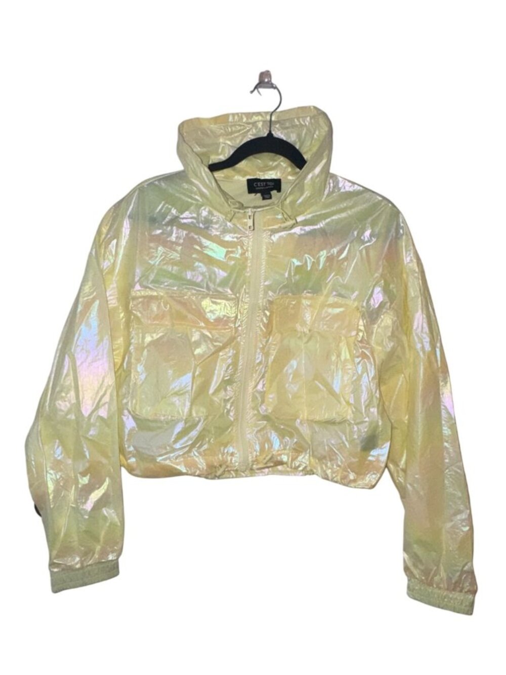 CEst Toi Yellow Iridescent Cropped Jacket With Front Pockets & Adjustable Drawst